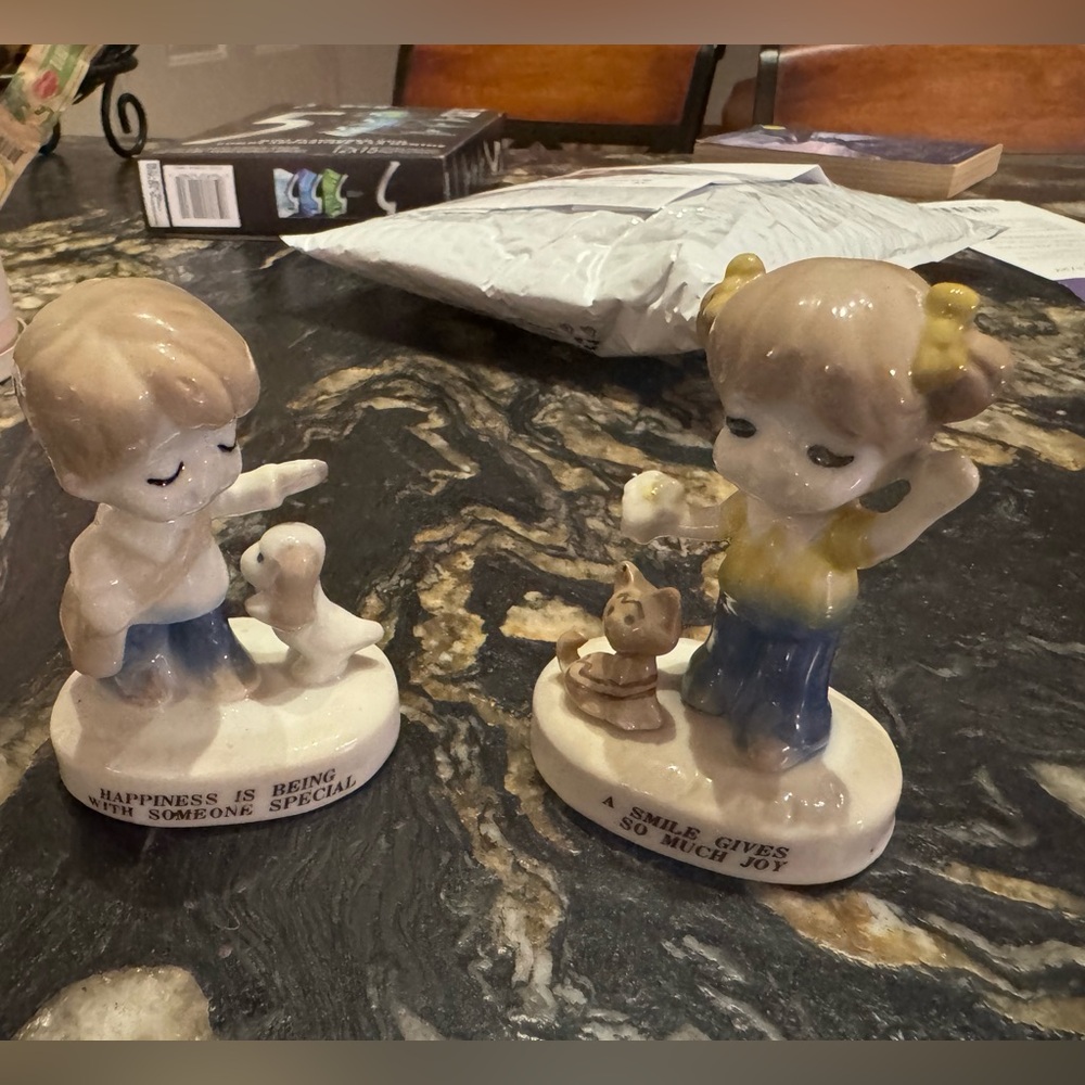 Pair of cute 1970s ceramic figurines little girl and boy with cat and dog